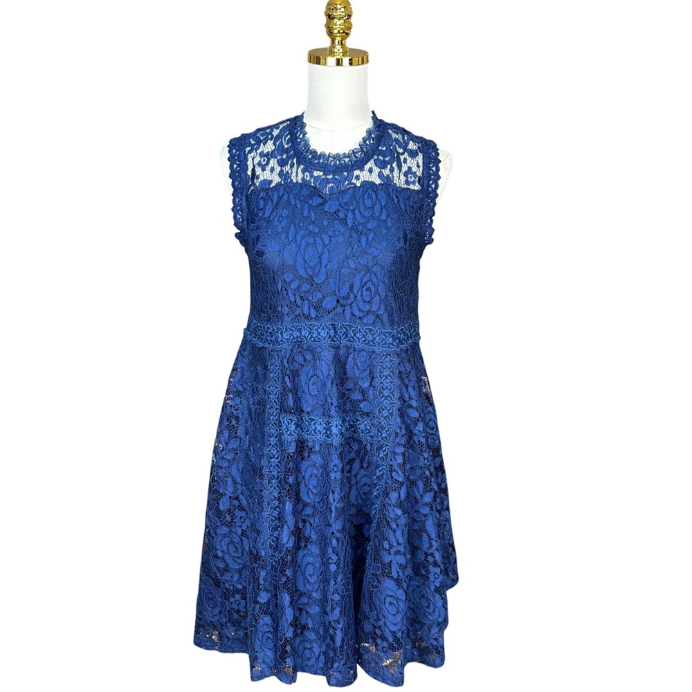 Knit Works Girls Navy Blue Floral Lace Sleeveless Fit & Flare Dress SZ 20.5 Plus
